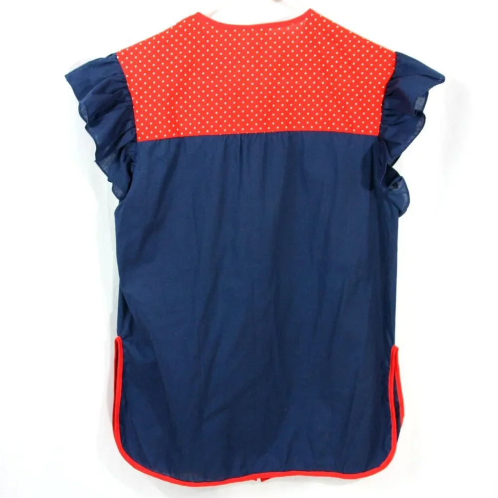 Vintage Pearl Snap Polka Dot Ruffle Trim Full Apron Art Craft Smock w Pockets